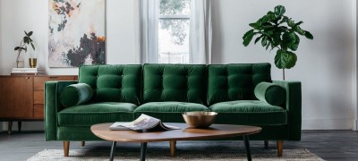 Interior with dark green sofa