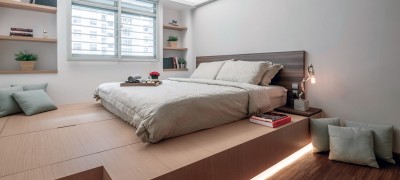 Interior decoration of a room in a studio apartment with a bed