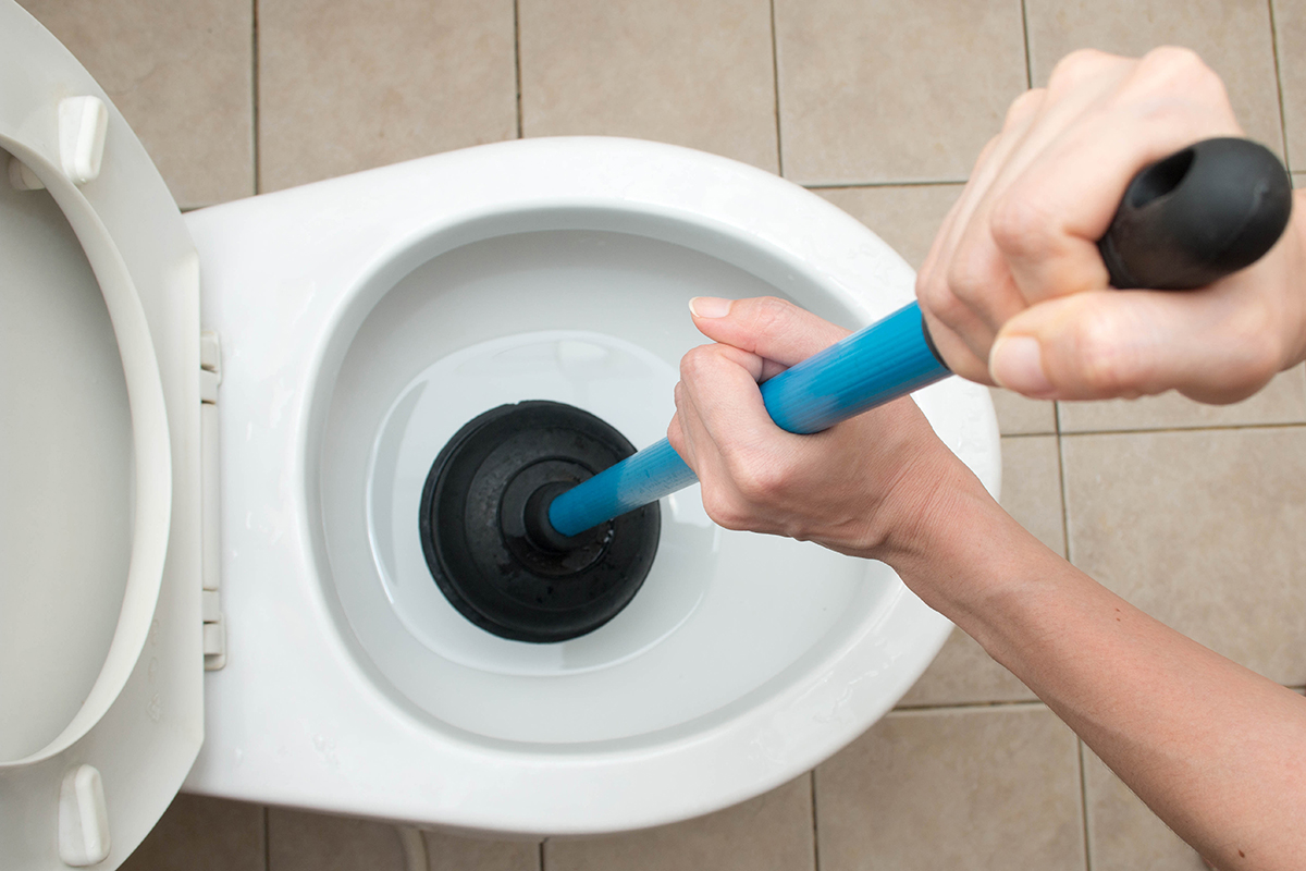 cleaning the toilet with a plunger