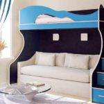 loft bed with blue sofa