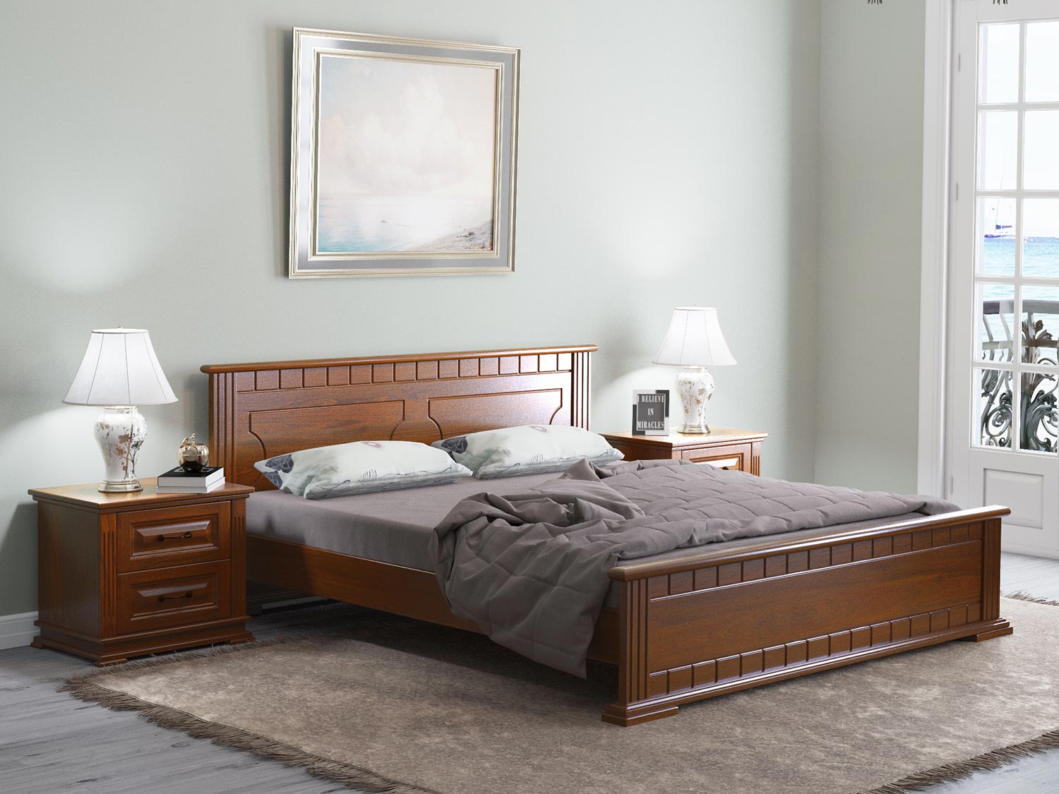 double bed made of solid wood decoration photo