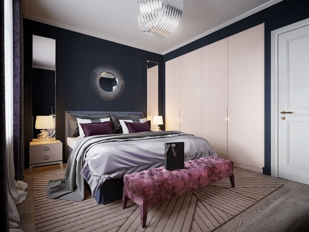 bedroom with burgundy pillows