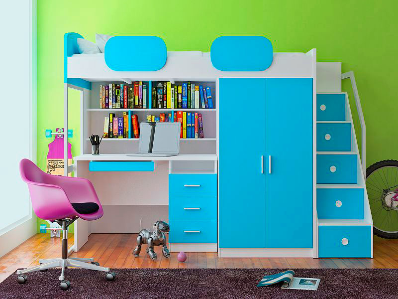 children's bed with table and wardrobe