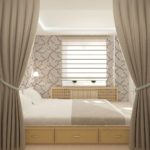 podium bed with beige curtains