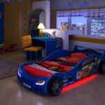 blue bed-car for a boy with red illumination