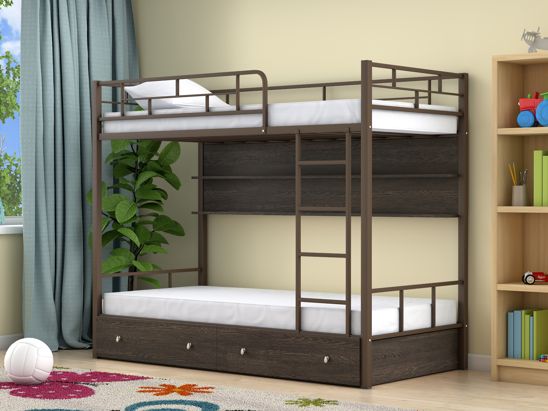 metal bunk bed with shelves