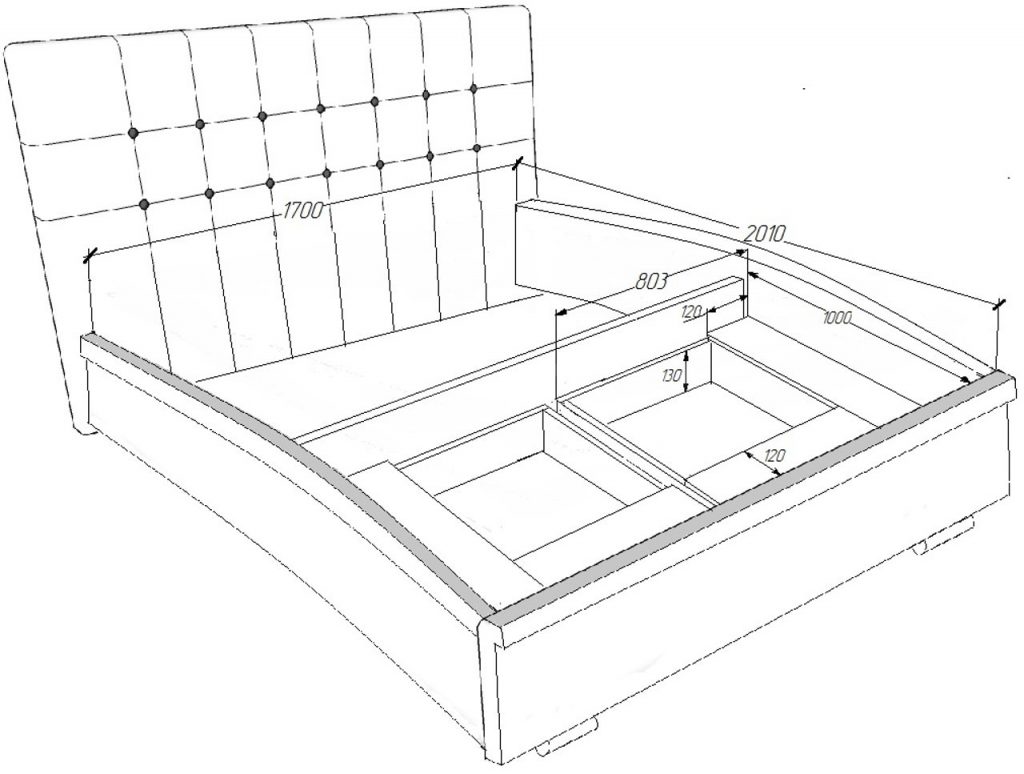 an example of a sketch of a bed with a lifting mechanism and drawers