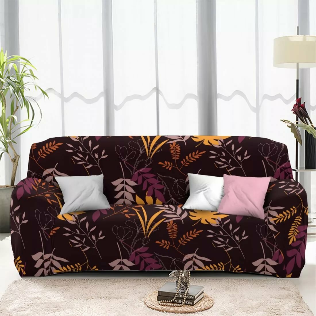 sofa cover brown with leaves