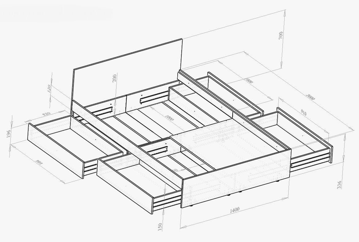 drawing of a bed with drawers