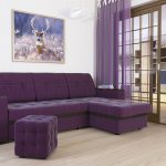 purple sofa with pouf