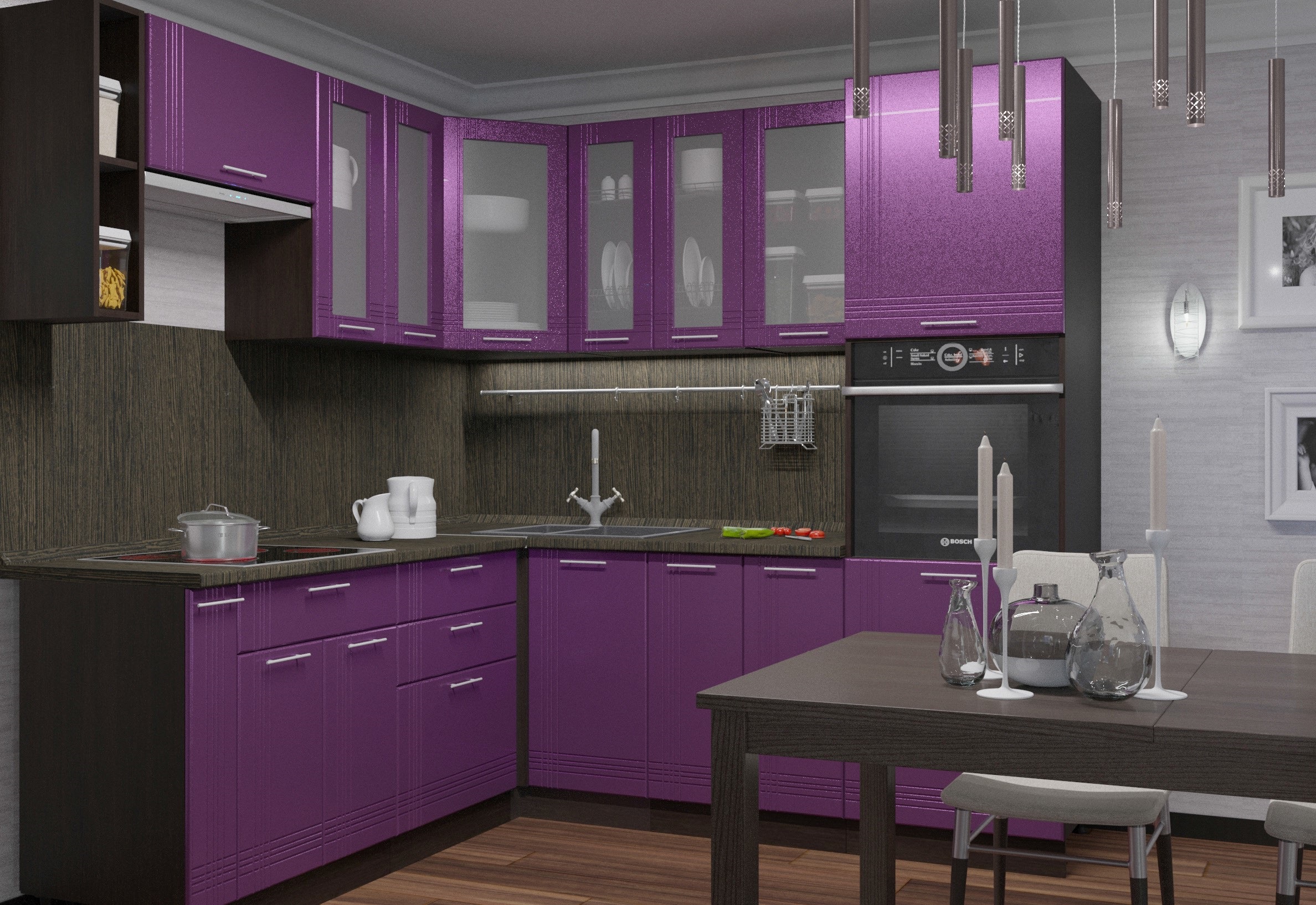 glass in purple kitchen