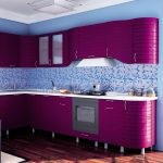 purple kitchen set with blue walls