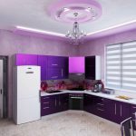 purple kitchen set with chandelier