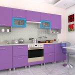 purple kitchen set with blue cabinets