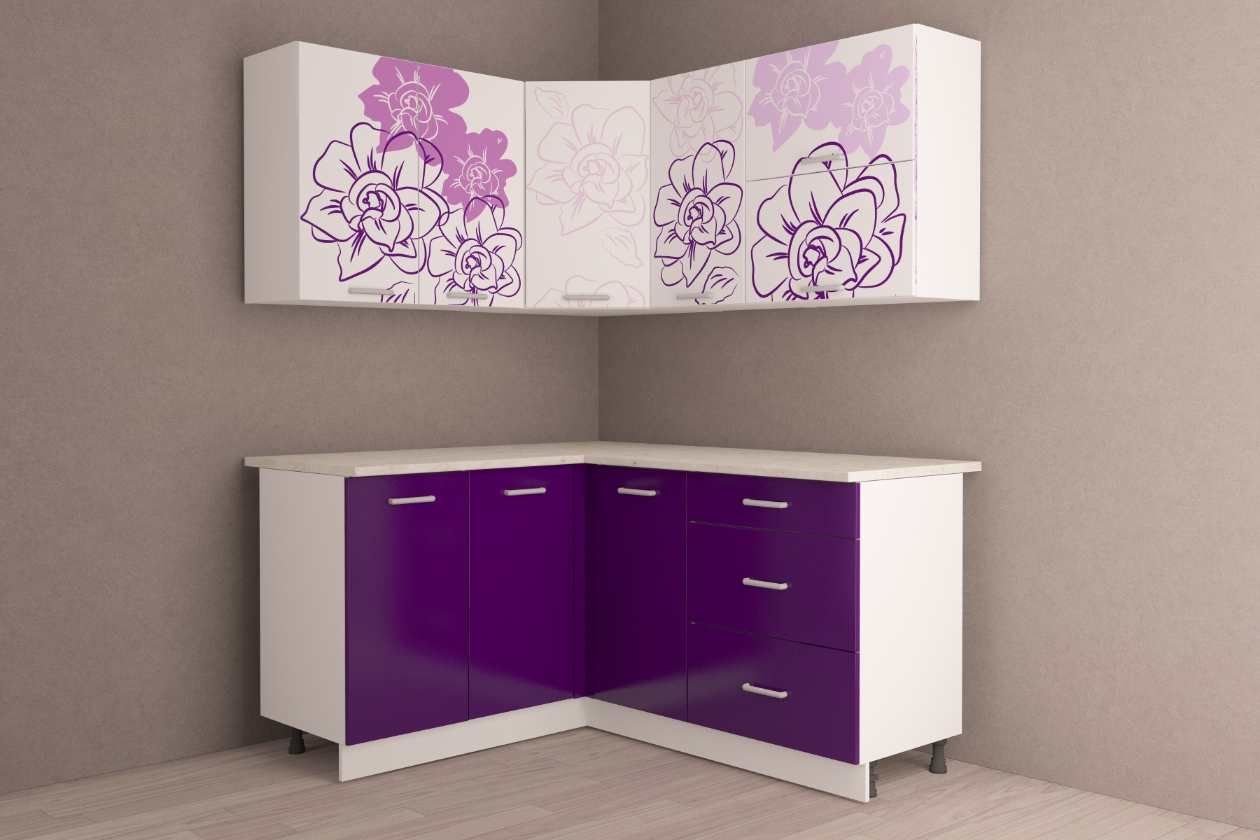 purple set in a small kitchen