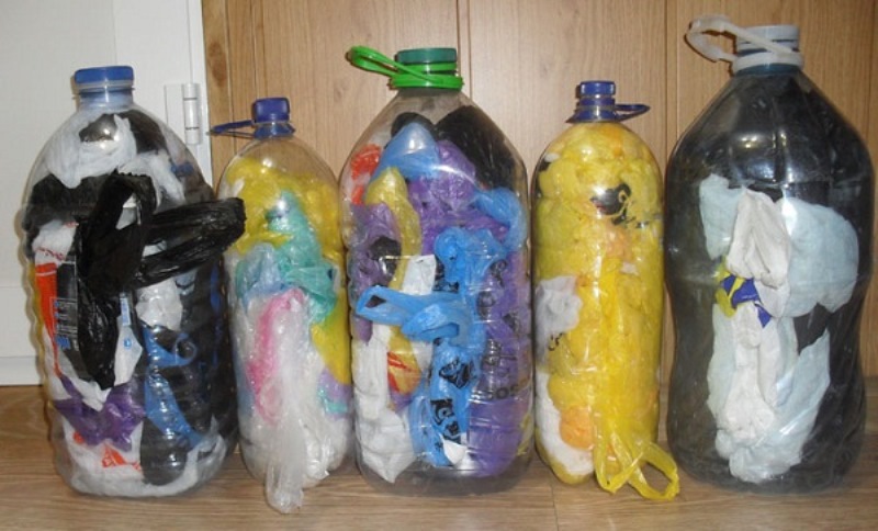 storing bags in the kitchen in bottles