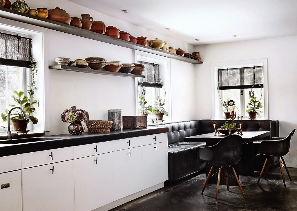 kitchen without upper cabinets black and white