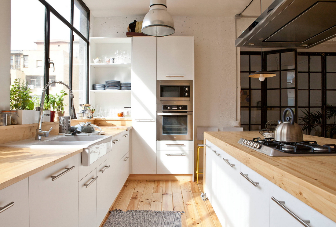 kitchen without upper cabinets, two-row