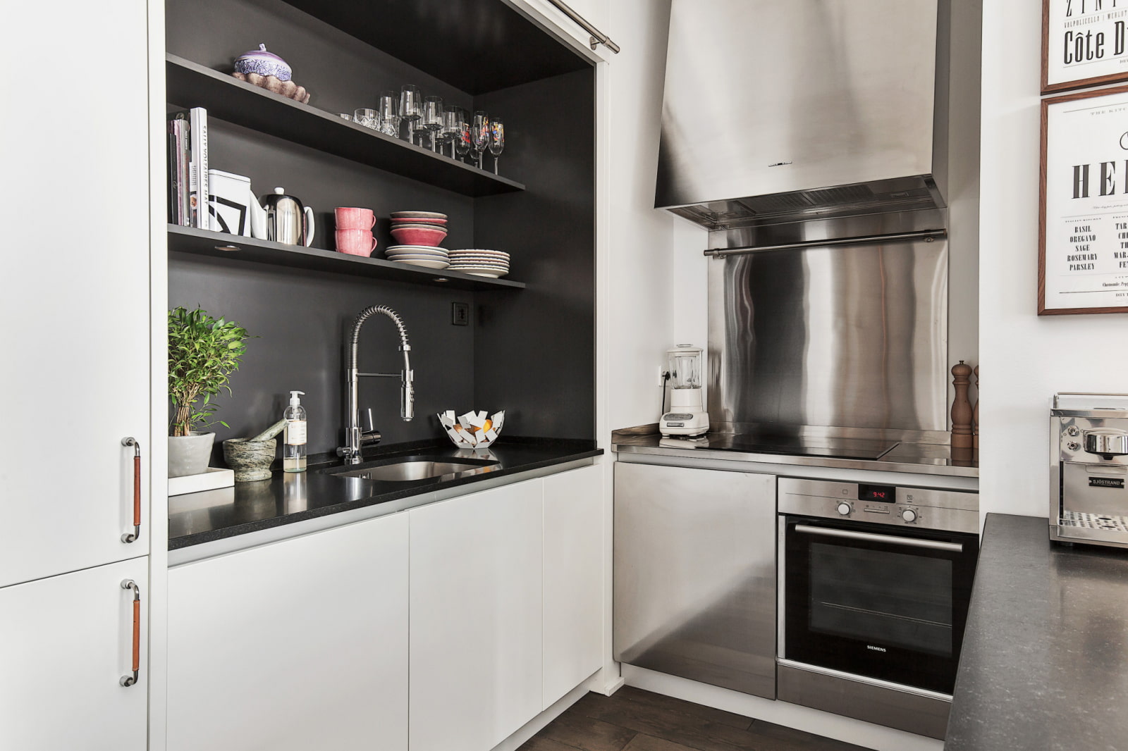 kitchen without upper cabinets with shelves