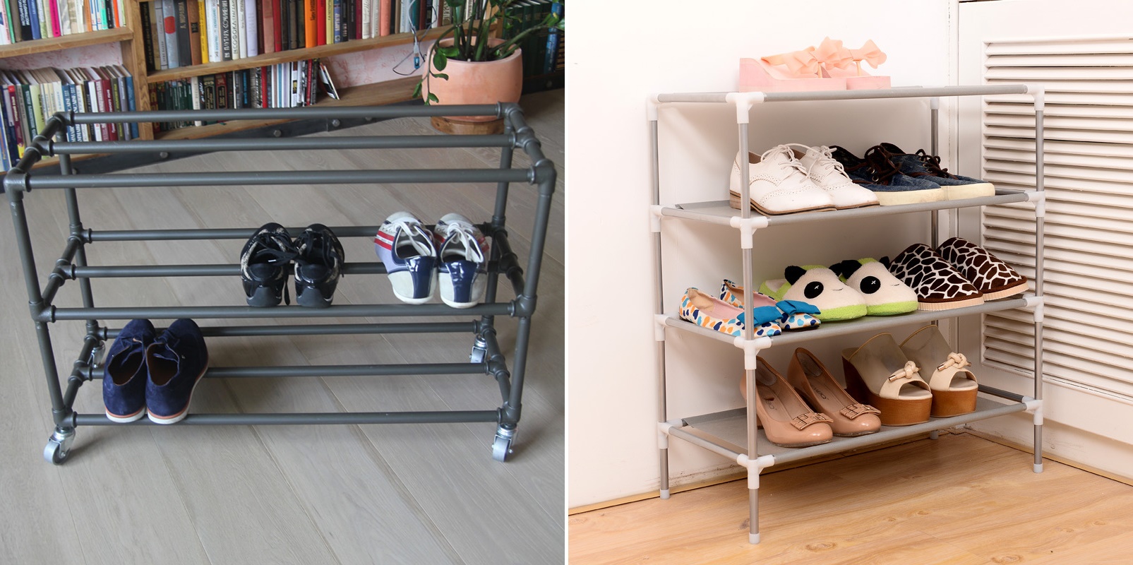 shoe rack in the hallway of pipes