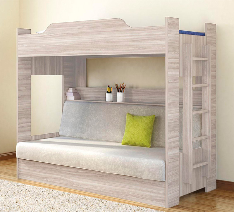 option of a bed with a sofa and shelves