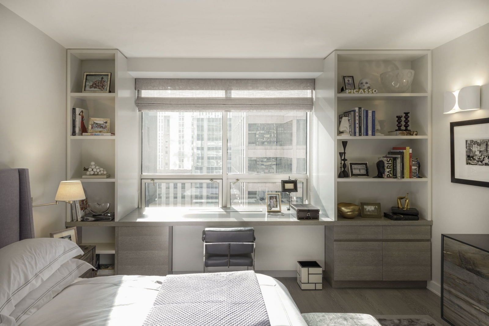 wardrobe around the window with open shelves