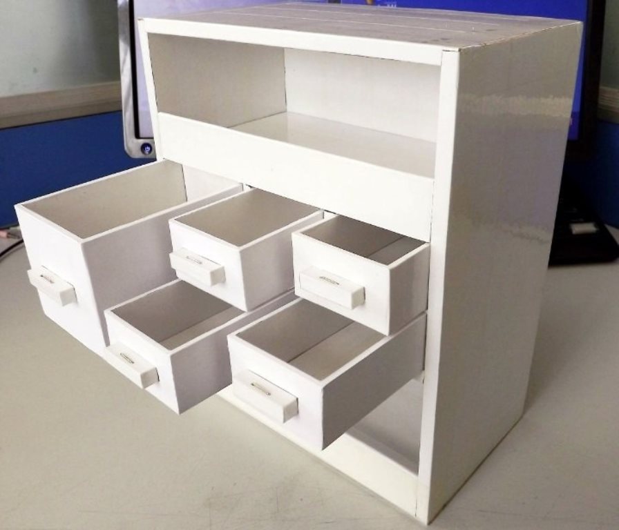 locker of boxes with drawers