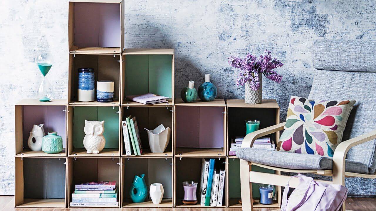 shelving made of cardboard boxes