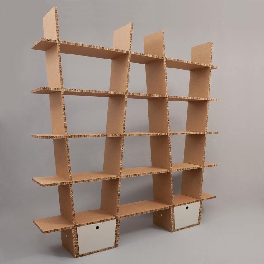 shelving made of cardboard boxes