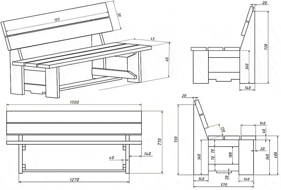 drawing of a bench with a back