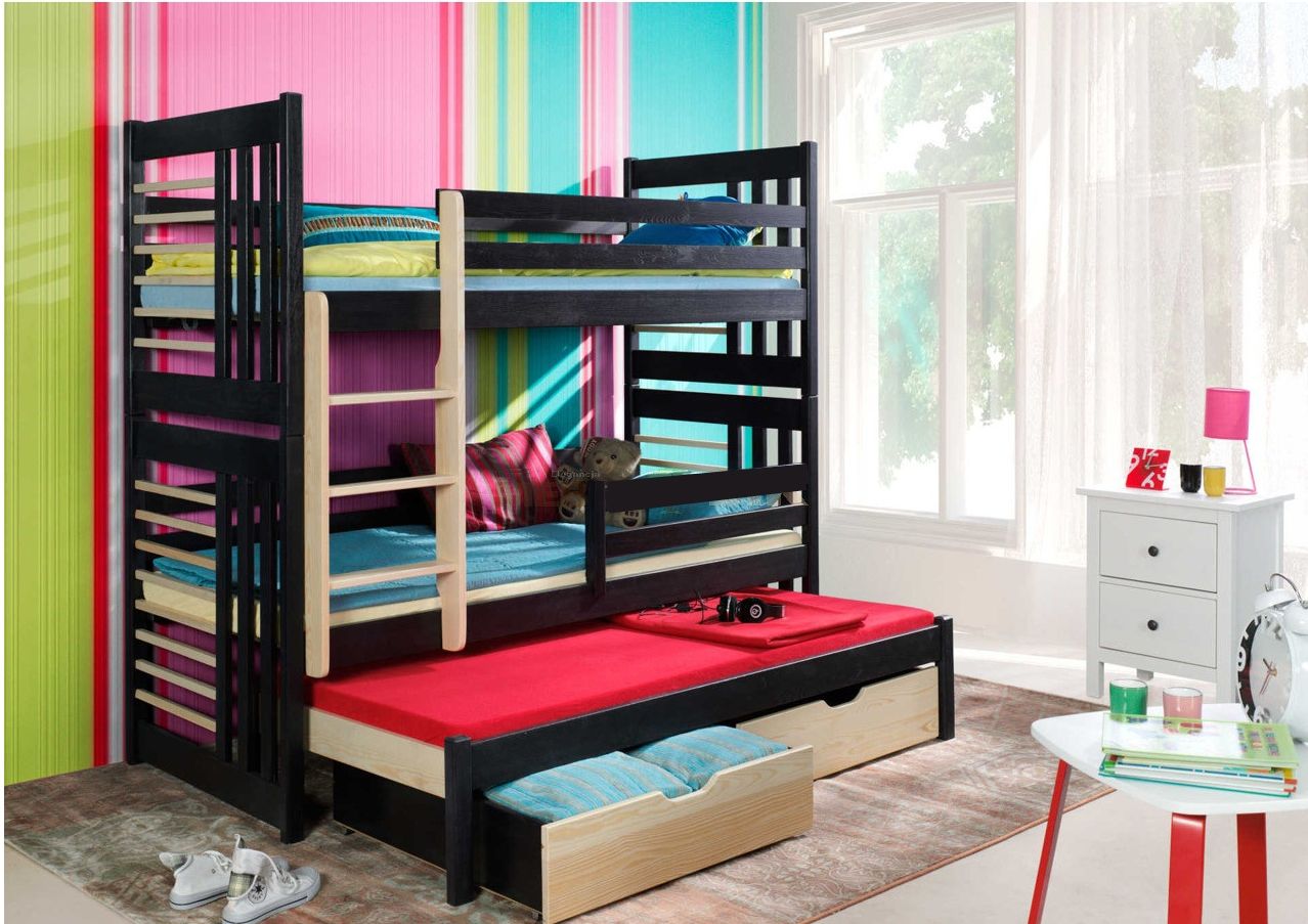 bed for three children with drawers