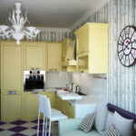 yellow kitchen with sofa