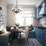 blue kitchen with sofa