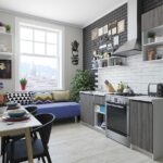 gray set with a blue sofa in the kitchen