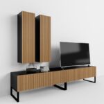 long TV stand made of slats