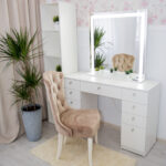 dressing table with beige chair