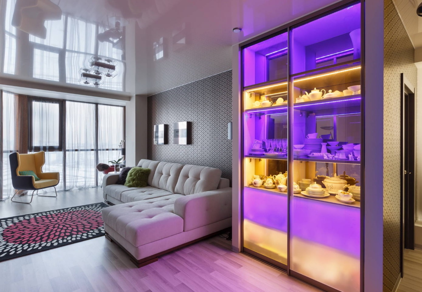 sliding wardrobe with transparent doors and lighting