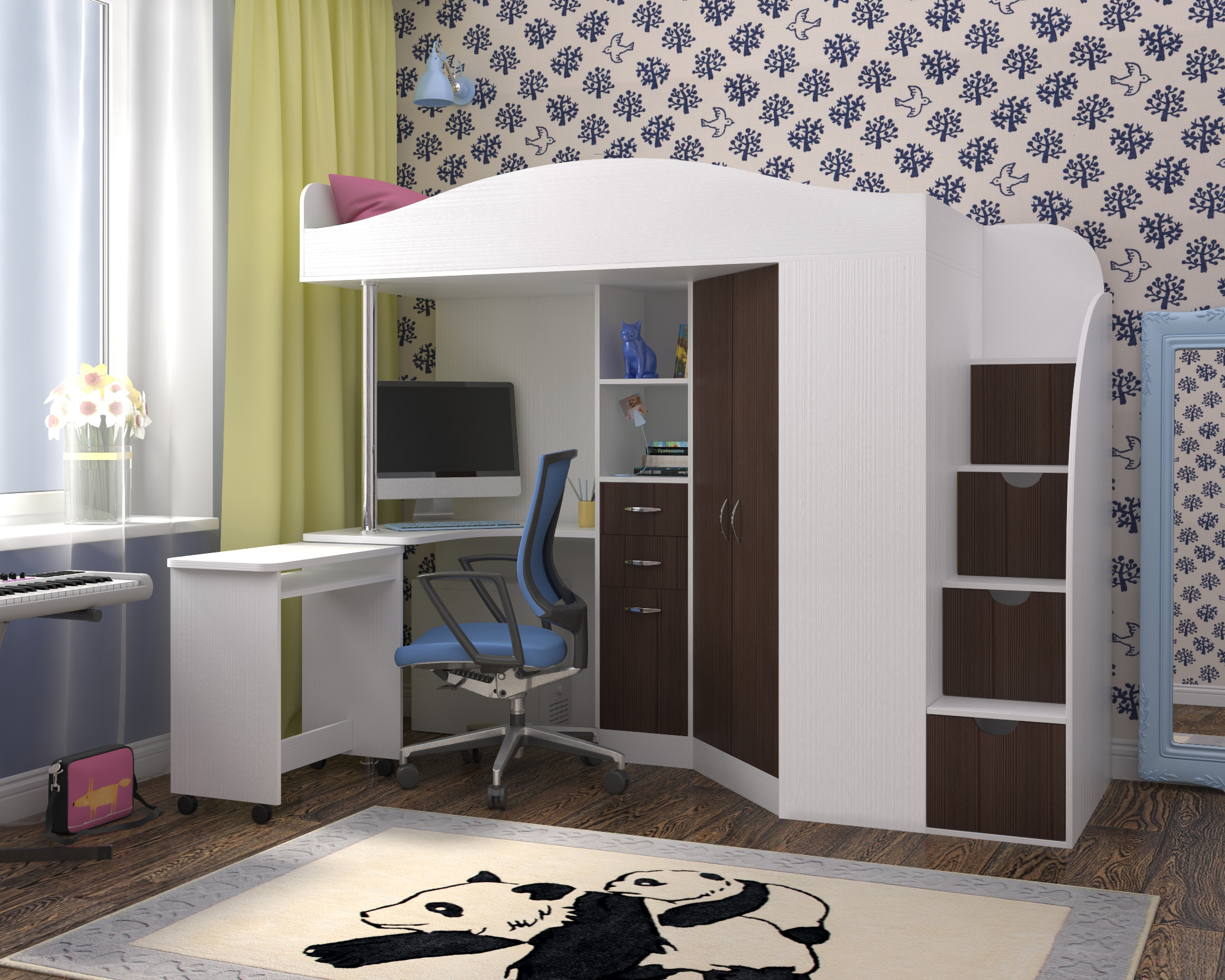 loft bed with wardrobe and table