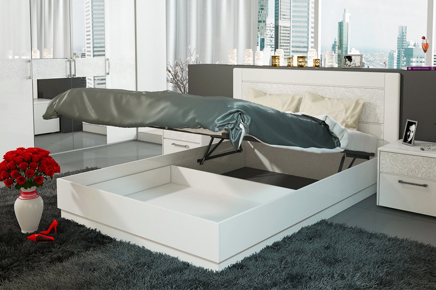 bed with lifting mechanism white