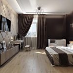 rectangular bedroom with dark furniture