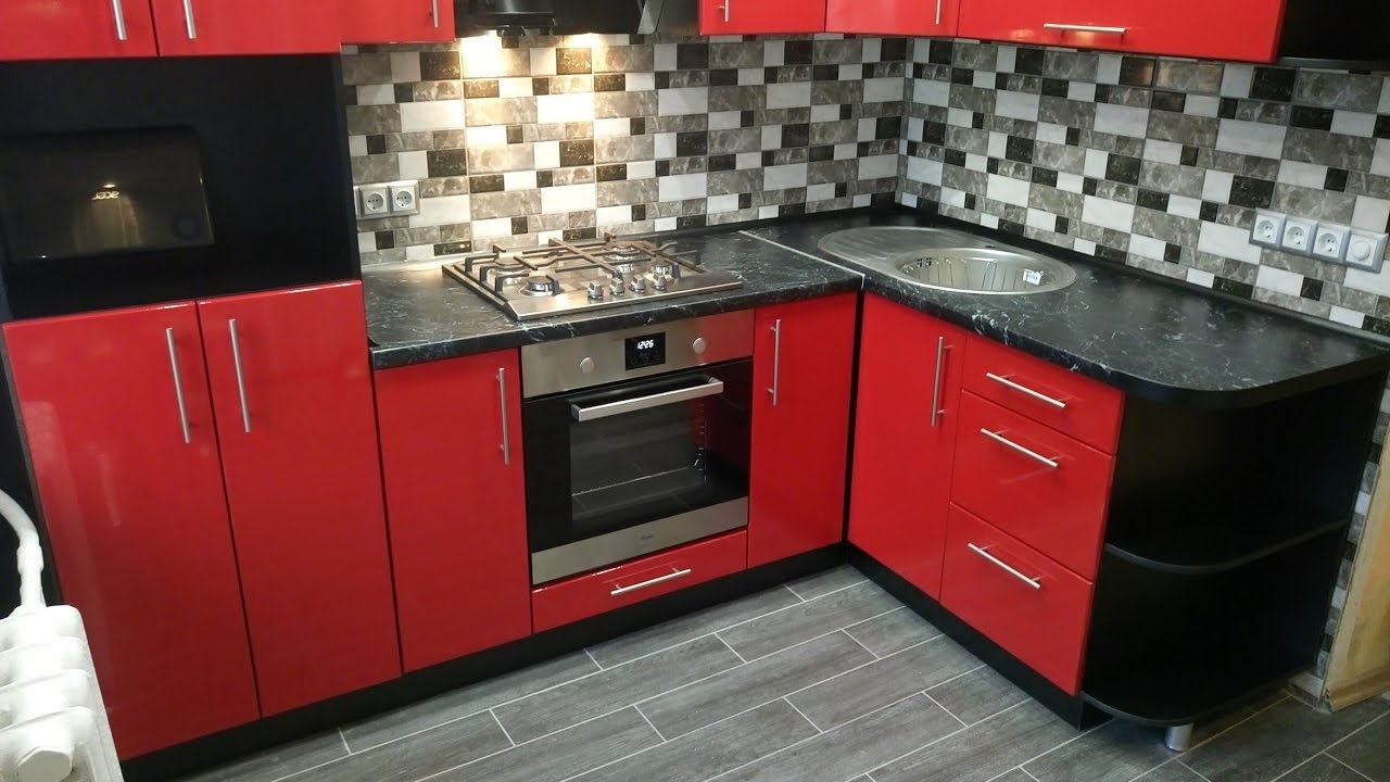 gray and red kitchen