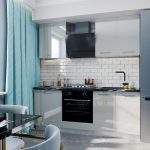 gray kitchen with blue curtain