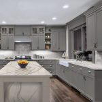 gray kitchen with marble table