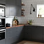 gray kitchen with wood