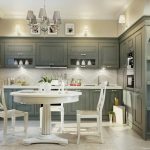 gray kitchen with white table