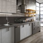 gray kitchen with wood floor