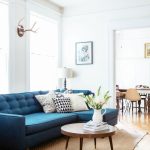 blue sofa with vase