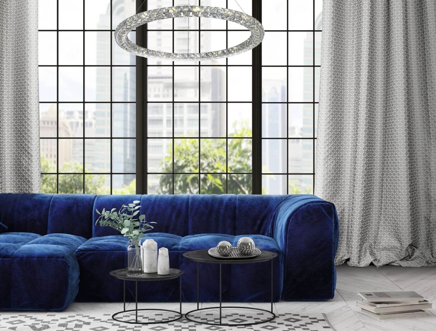 blue sofa in the dining room