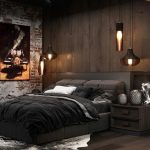 loft bedroom with black furniture