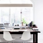 table along the window in the nursery white chairs